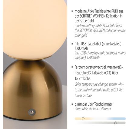 Schöner Wohnen 19218-12 - RUDI újratölthető, fényerőszabályozható érintésvezérlésű asztali LED-lámpa LED/1,2W/5V 3000-6000K 1200 mAh arany
