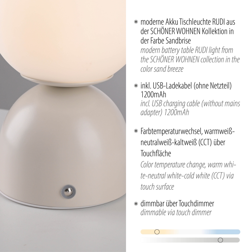 Schöner Wohnen 19218-39 - LED fényerőszabályozható érintővezérlésű újratölthető asztali lámpa RUDI LED/1,2W/5V 3000-6000K 1200 mAh szürke
