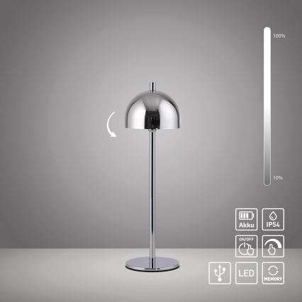 Schöner Wohnen 19244-17 - LED, dimmelhető, érintésvezérlésű, újratölthető kültéri asztali lámpa BELLIS LED/2,5W/5V 2600 mAh IP54 fényes króm