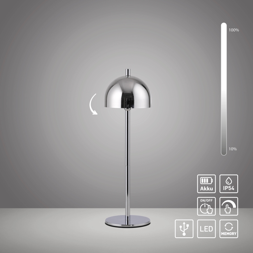 Schöner Wohnen 19244-17 - LED, dimmelhető, érintésvezérlésű, újratölthető kültéri asztali lámpa BELLIS LED/2,5W/5V 2600 mAh IP54 fényes króm