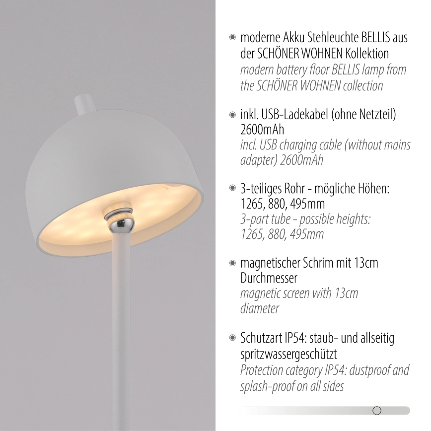 Schöner Wohnen 19245-16 - BELLIS kültéri, tölthető LED állólámpa, dimmelhető, érintésvezérlésű, LED/2,5W/5V, 2600 mAh, IP54, fehér