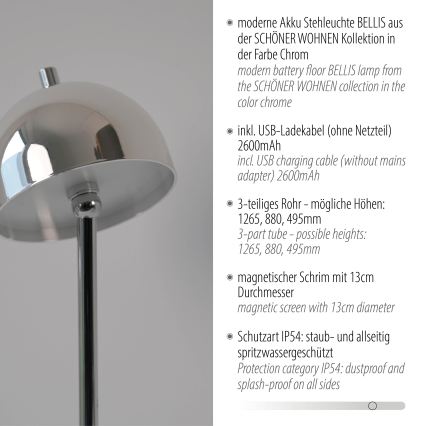 Schöner Wohnen 19245-17 - LED fényerőszabályozható érintésvezérlésű, újratölthető kültéri állólámpa BELLIS LED/2,5W/5V 2600 mAh IP54 fényes króm
