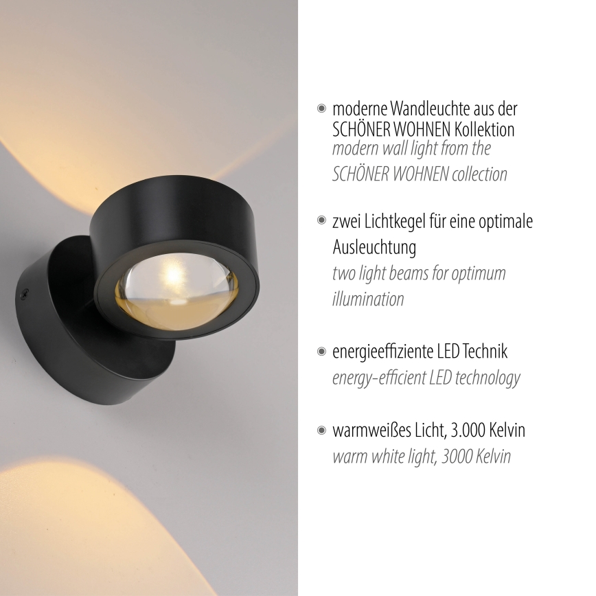 Schöner Wohnen 19331-18 - LED fali lámpatest CHIA 2xLED/2W/230V fekete