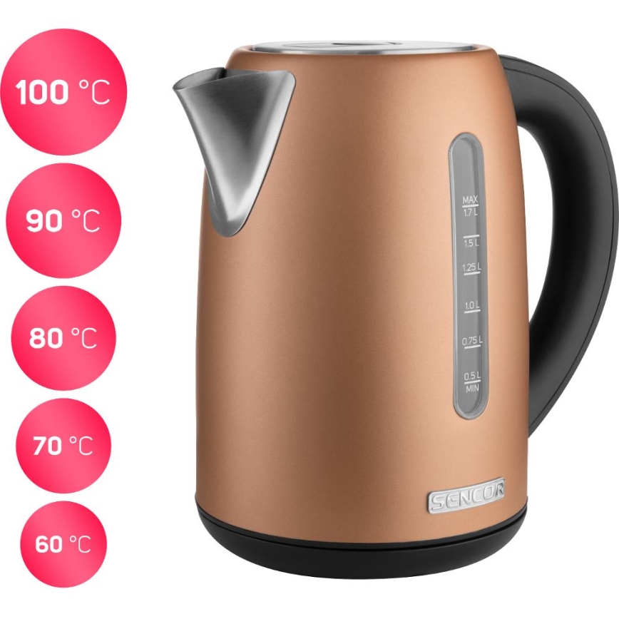 Sencor - Gyorsforraló hőmérséklet-szabályozással, 1,7 l, 2150 W/230 V, réz