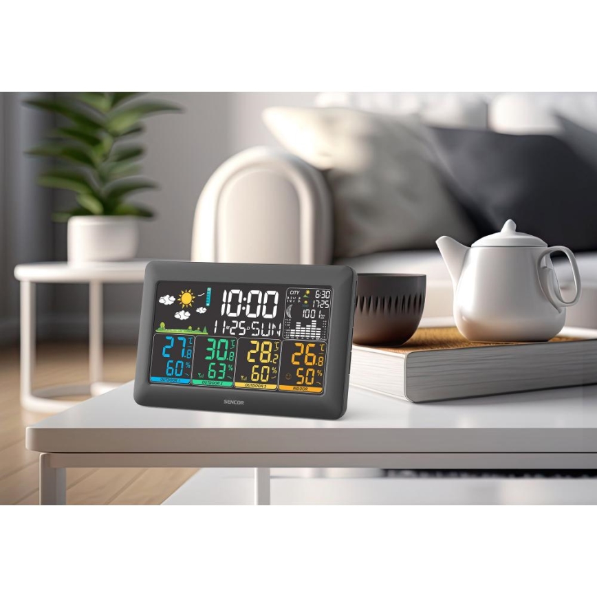Sencor - Időjárás-állomás színes LCD-kijelzővel + 3 érzékelő 3xAA + 6xAA fekete