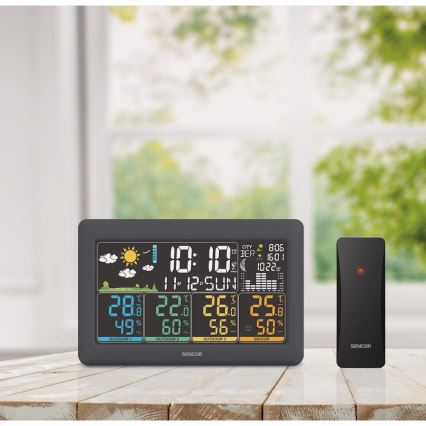 Sencor - Időjárás-állomás színes LCD-kijelzővel + 3 érzékelő 3xAA + 6xAA fekete