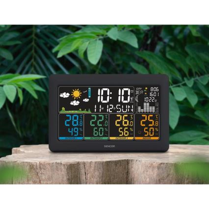 Sencor - Időjárás-állomás színes LCD-kijelzővel + 3 érzékelő 3xAA + 6xAA fekete