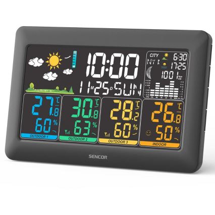Sencor - Időjárás-állomás színes LCD-kijelzővel + 3 érzékelő 3xAA + 6xAA fekete