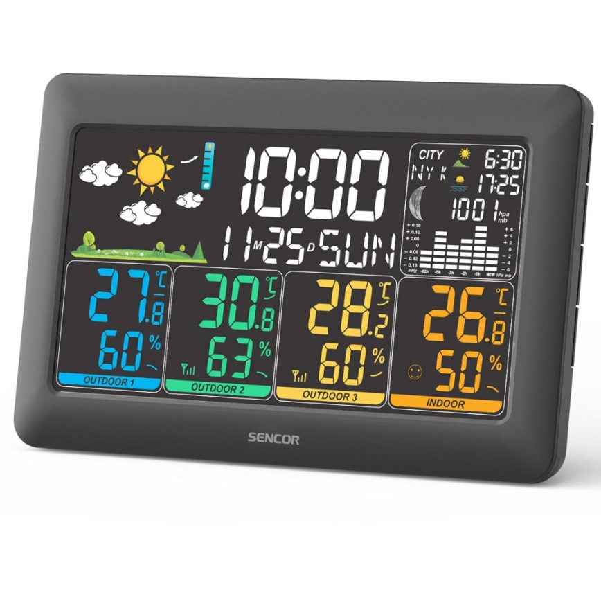 Sencor - Időjárás-állomás színes LCD-kijelzővel + 3 érzékelő 3xAA + 6xAA fekete