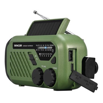 Sencor - kemping rádió kézi hajtással, napelemmel és LED lámpával, 5V/2000 mAh, IPX4, zöld