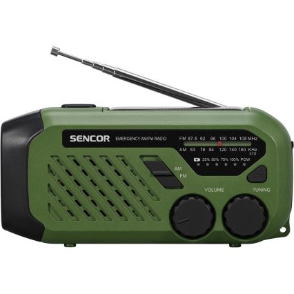 Sencor - kemping rádió kézi hajtással, napelemmel és LED lámpával, 5V/2000 mAh, IPX4, zöld