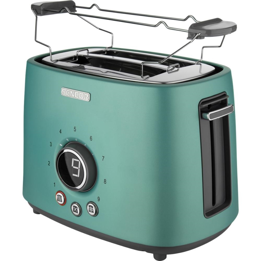 Sencor - Kétnyílásos kenyérpirító melegítőrácssal, 1000W/230V, mentazöld