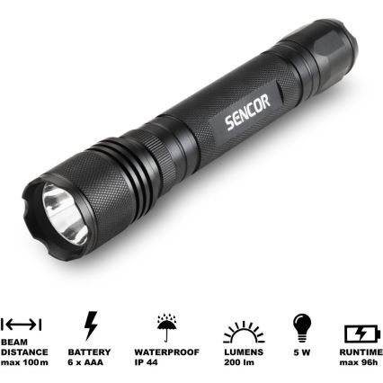 Sencor - LED alumínium zseblámpa LED/5W/6xAAA IP44 fekete