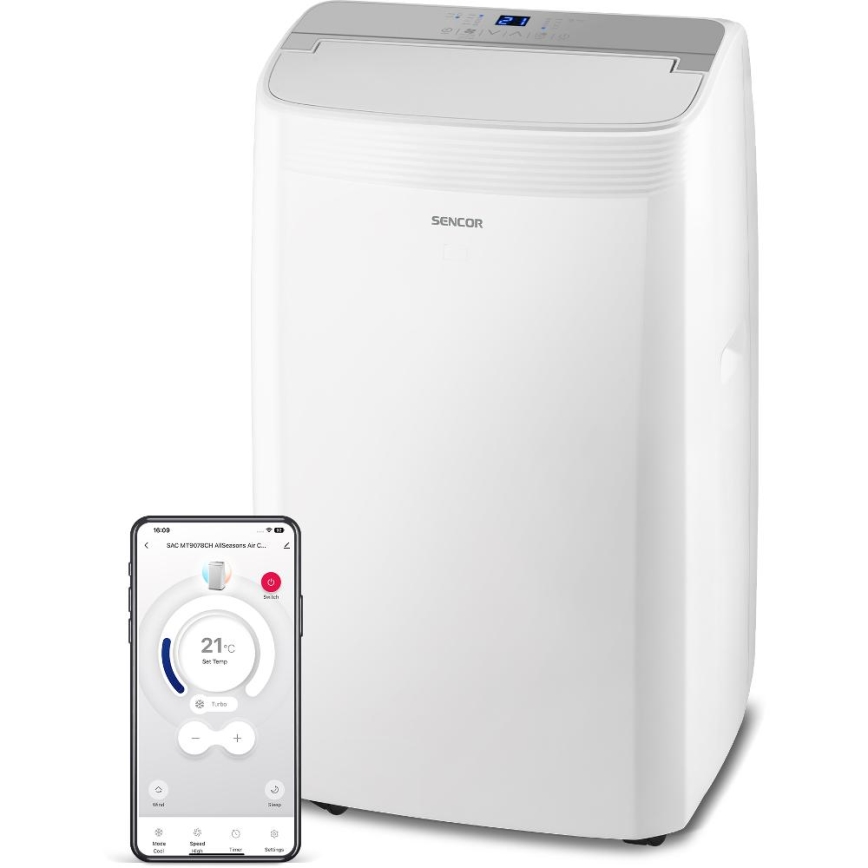 Sencor - Okos, mobil klímaberendezés 5 az 1-ben, teljes tartozékkészlettel, 733 W/230 V, 9000 BTU, Wi-Fi, fehér + távirányító