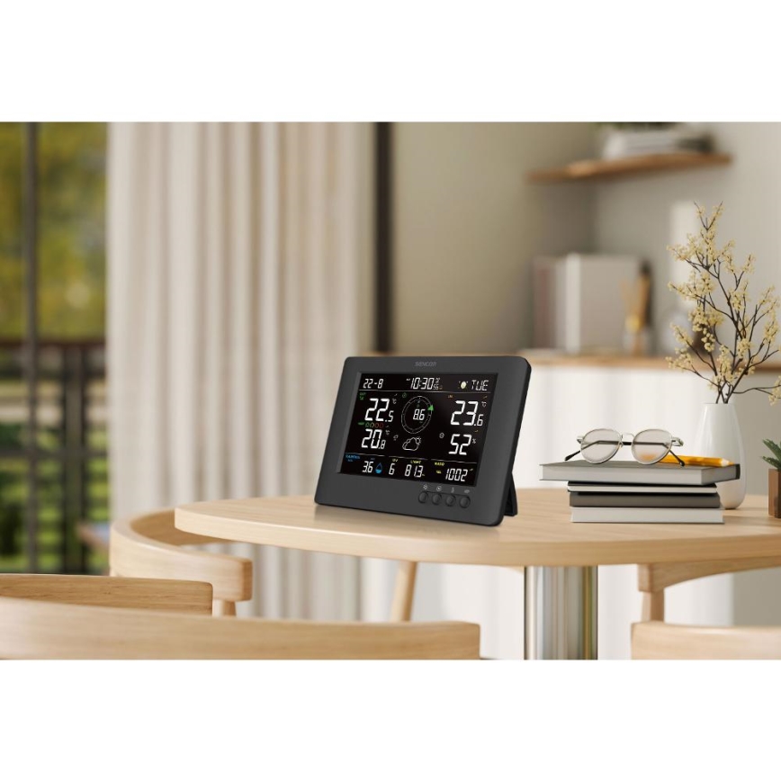 Sencor - Professzionális időjárás-állomás színes LCD-kijelzővel és ébresztővel 5V/1xCR2032 + 3xAA