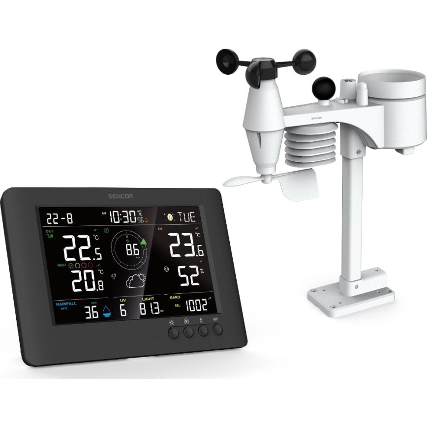 Sencor - Professzionális időjárás-állomás színes LCD-kijelzővel és ébresztővel 5V/1xCR2032 + 3xAA