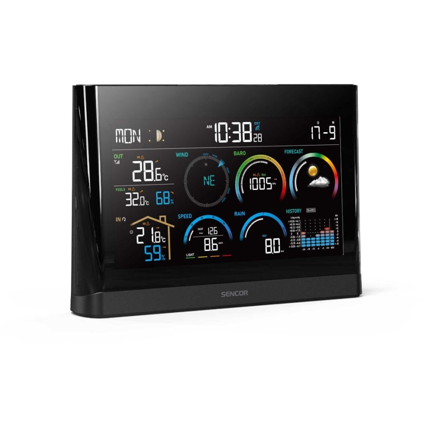Sencor - Professzionális időjárás-állomás színes LCD-kijelzővel és ébresztőfunkcióval 5V/3xAAA + 3xAA