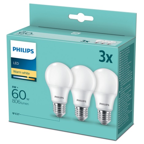 SET 3x LED Izzó Philips A60 E27/8W/230V 2700K