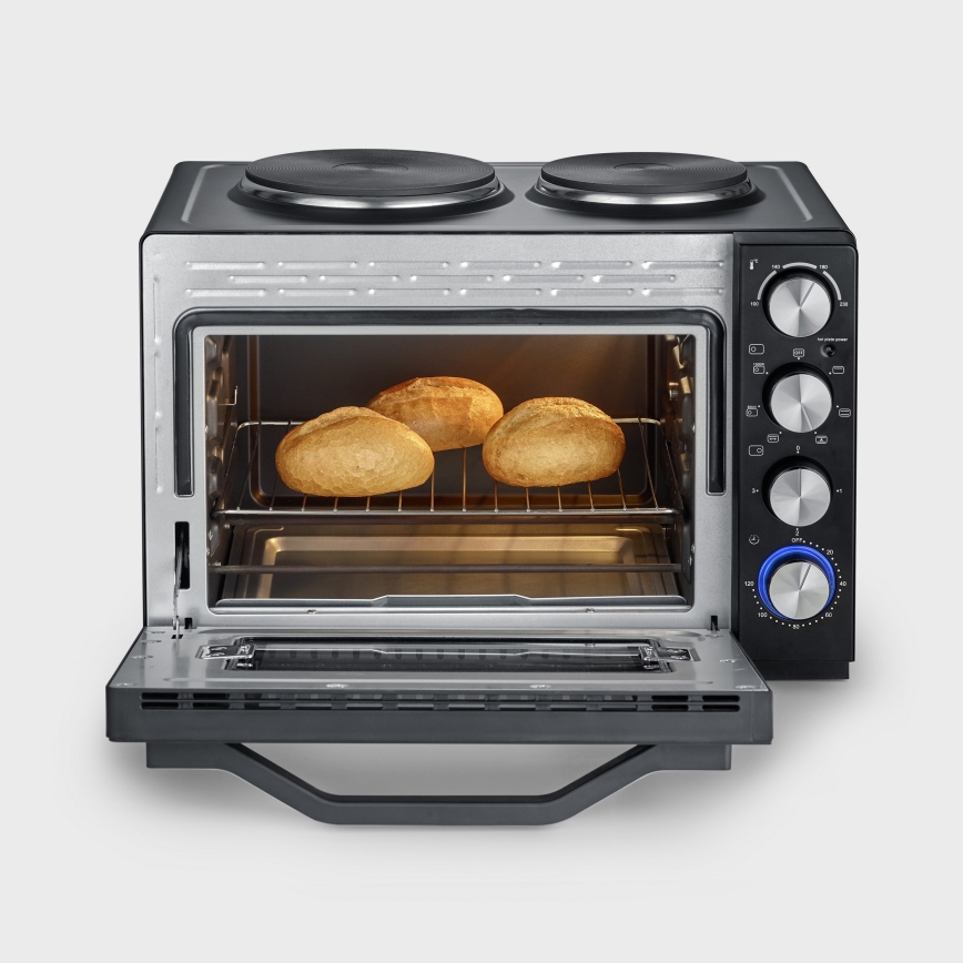 Severin TO 2074 - Hőlégkeveréses sütő grillel és főzőlapokkal, 2500 W/230 V, 30 l, fekete