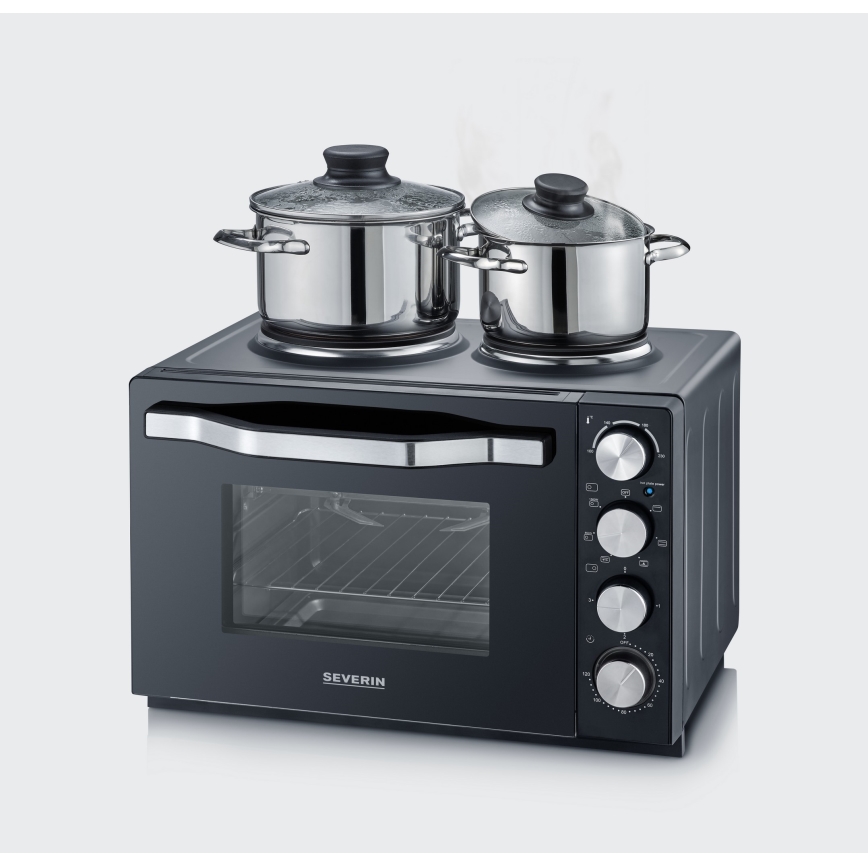 Severin TO 2074 - Hőlégkeveréses sütő grillel és főzőlapokkal, 2500 W/230 V, 30 l, fekete