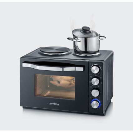 Severin TO 2074 - Hőlégkeveréses sütő grillel és főzőlapokkal, 2500 W/230 V, 30 l, fekete
