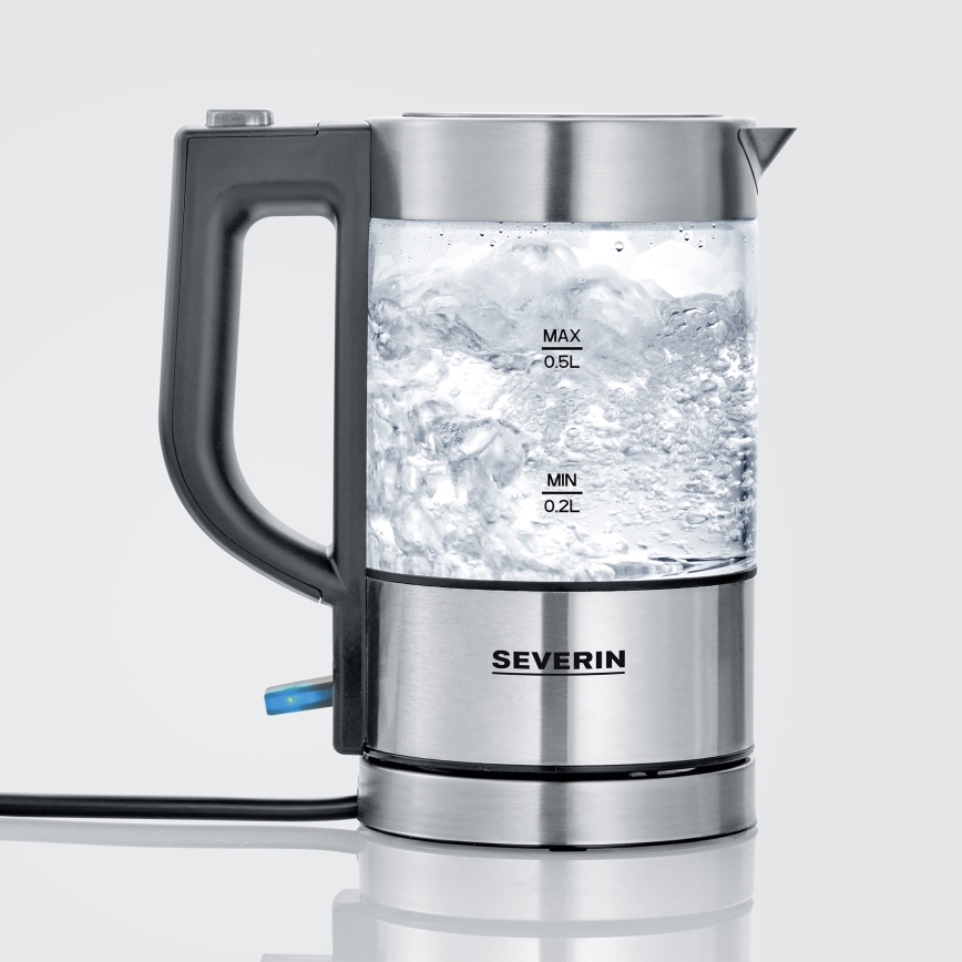Severin WK 3472 - 0,5 l 1100W/230V rozsdamentes acél/üveg elektromos vízforraló