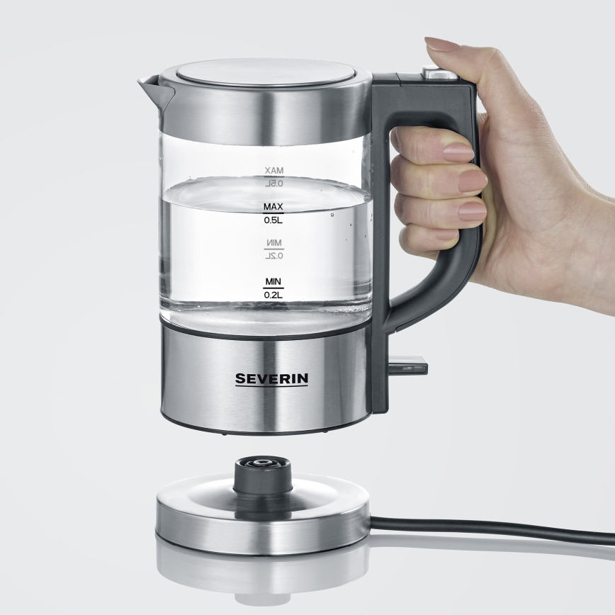 Severin WK 3472 - 0,5 l 1100W/230V rozsdamentes acél/üveg elektromos vízforraló