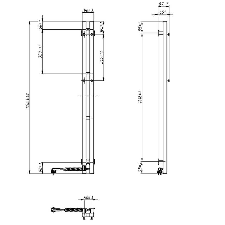 SILOUETTE 70W 120x9 cm termosztáttal ellátott elektromos törölközőszárító, fekete, jobb oldali