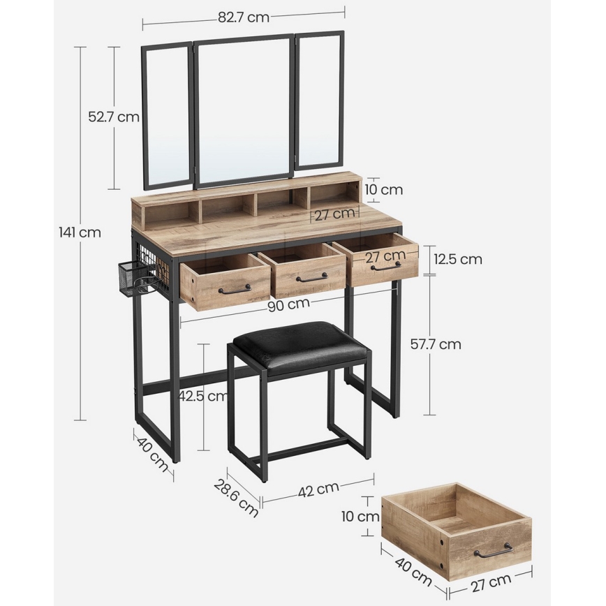 Sminkasztal puffal 28,6x42 cm FLORA barna/fekete