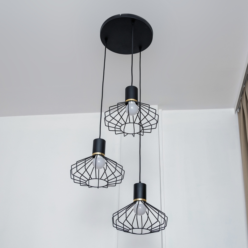 SOLANO kábeles csillár 3xE27/15W/230V fekete/arany