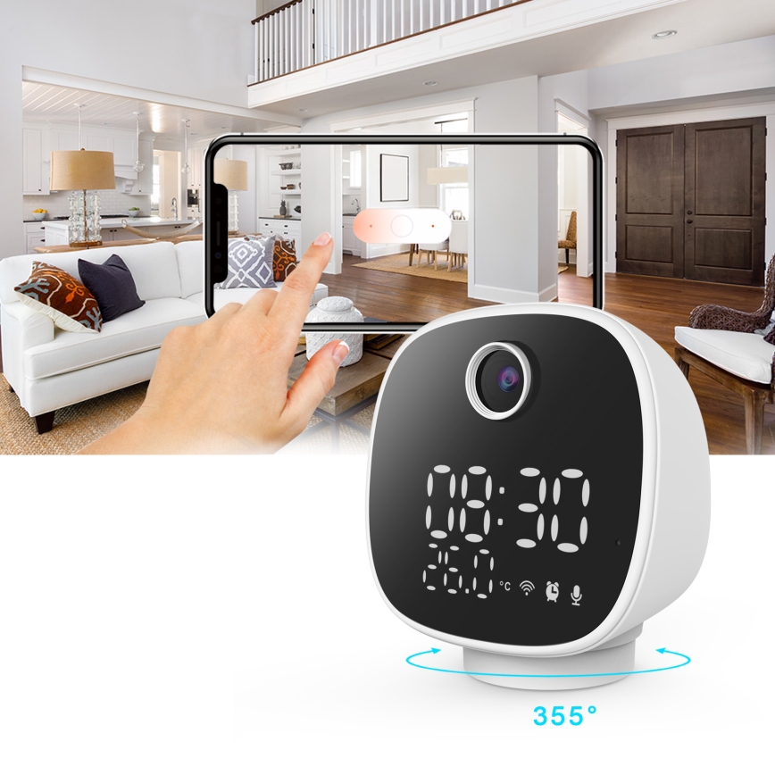 Okos kamera ébresztőórával, hőmérővel és LED lámpával 1296p 3Mpx 5V Wi-Fi Tuya IP65