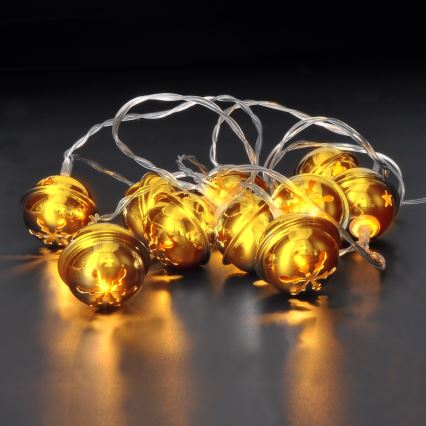 LED Karácsonyi fényfüzér 10xLED/2xAA/meleg fehér 1,8m csengettyűk