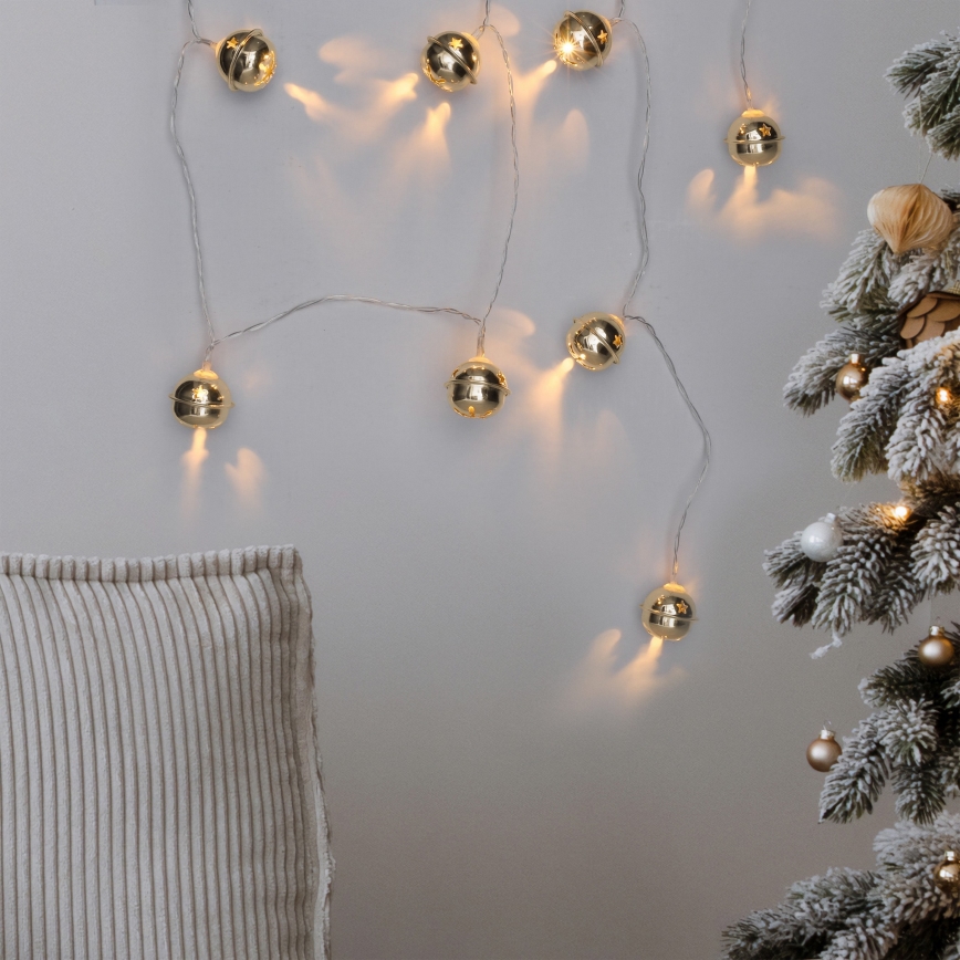 LED Karácsonyi fényfüzér 10xLED/2xAA/meleg fehér 1,8m csengettyűk