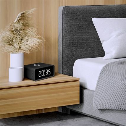 Fekete digitális óra Qi vezeték nélküli töltővel 230V/CR2032