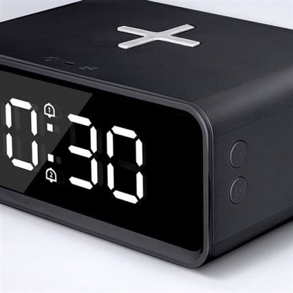 Fekete digitális óra Qi vezeték nélküli töltővel 230V/CR2032