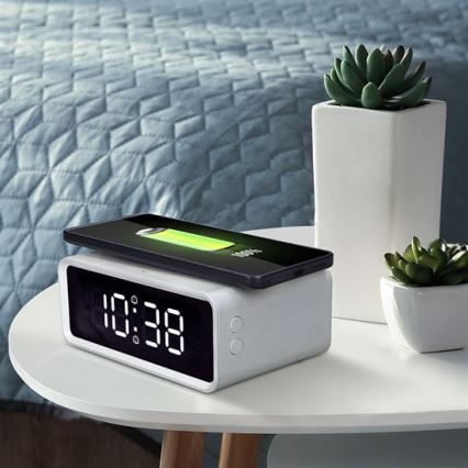 Digitális óra Qi vezeték nélküli töltővel, 230V/CR2032, fehér