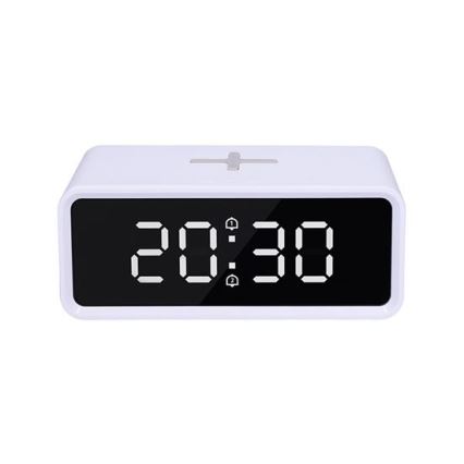 Digitális óra Qi vezeték nélküli töltővel, 230V/CR2032, fehér