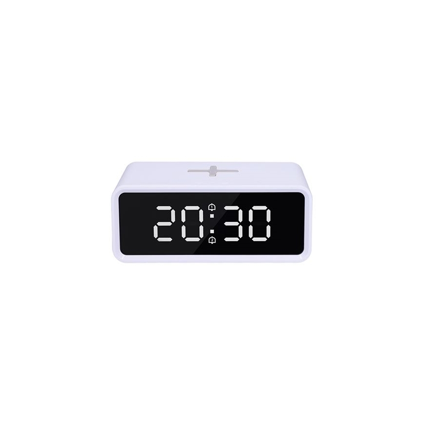 Digitális óra Qi vezeték nélküli töltővel, 230V/CR2032, fehér