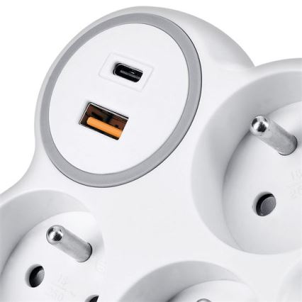 Hálózati elosztó 3×16 A + USB A+C 20 W gyorstöltő