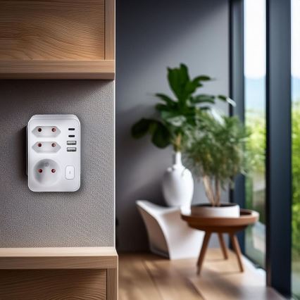 Hálózati elosztó 1×16 A + 2×2,5 A, 2× USB (A és C) töltővel, fehér