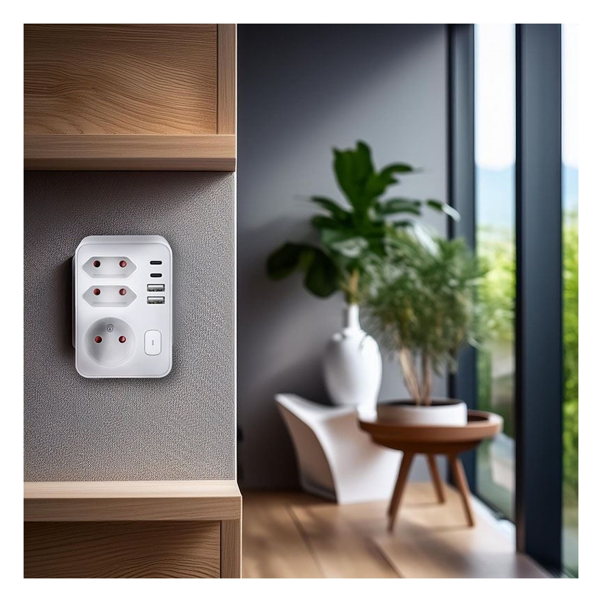 Hálózati elosztó 1×16 A + 2×2,5 A, 2× USB (A és C) töltővel, fehér