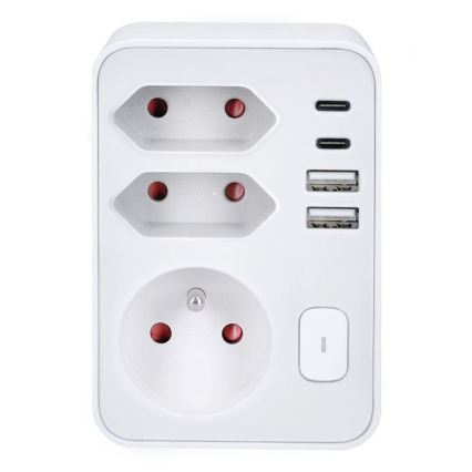 Hálózati elosztó 1×16 A + 2×2,5 A, 2× USB (A és C) töltővel, fehér