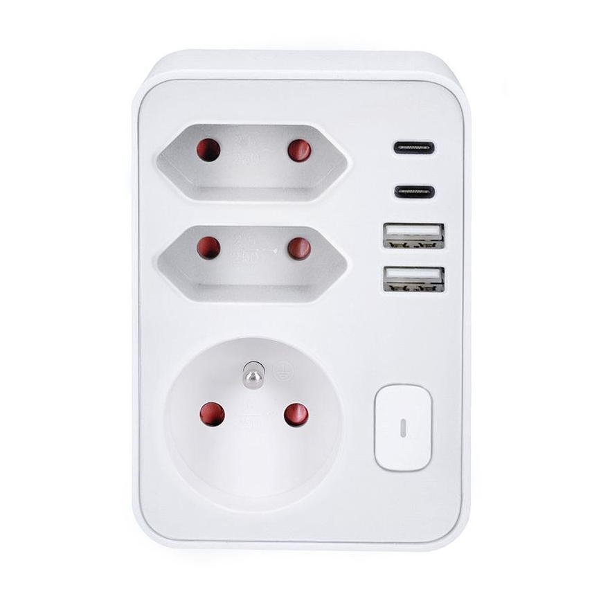 Hálózati elosztó 1×16 A + 2×2,5 A, 2× USB (A és C) töltővel, fehér