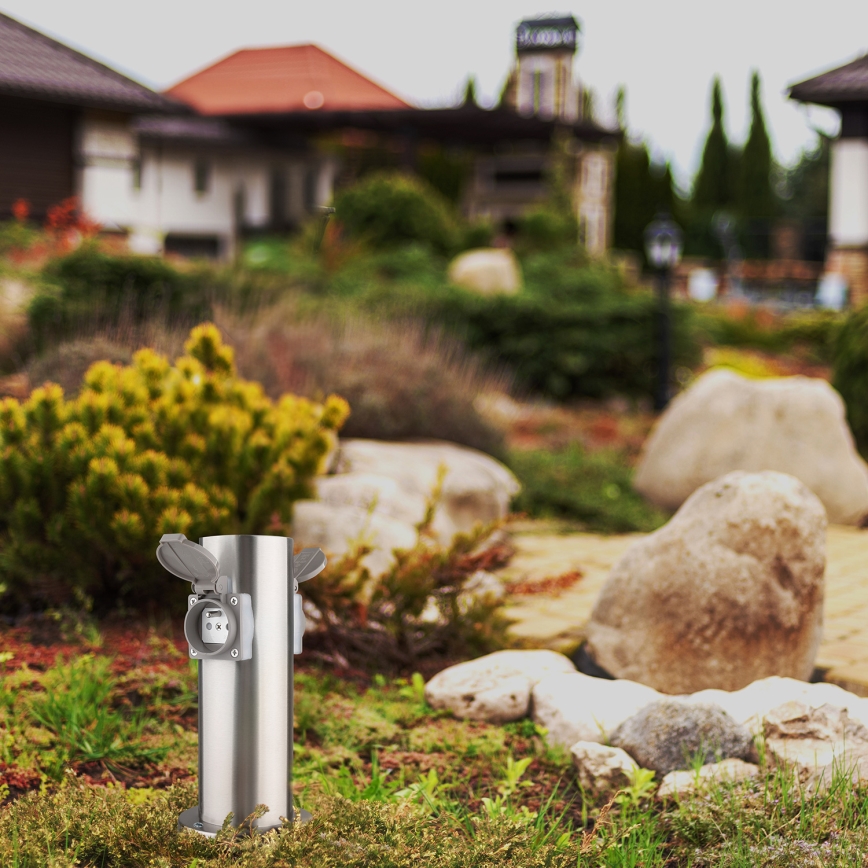 Kültéri konnektoros oszlop 2x230V IP44 matt króm, kerek