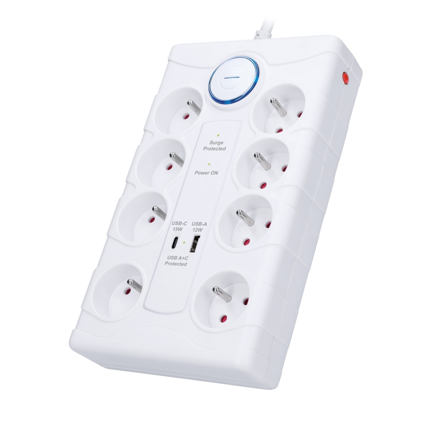 Hosszabbító kábel kapcsolóval és túlfeszültség-védelemmel 8 aljzat E-típus + 1xUSB-A + 1xUSB-C 2m fehér