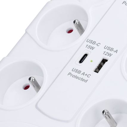 Hosszabbító kábel kapcsolóval és túlfeszültség-védelemmel 8 aljzat E-típus + 1xUSB-A + 1xUSB-C 2m fehér