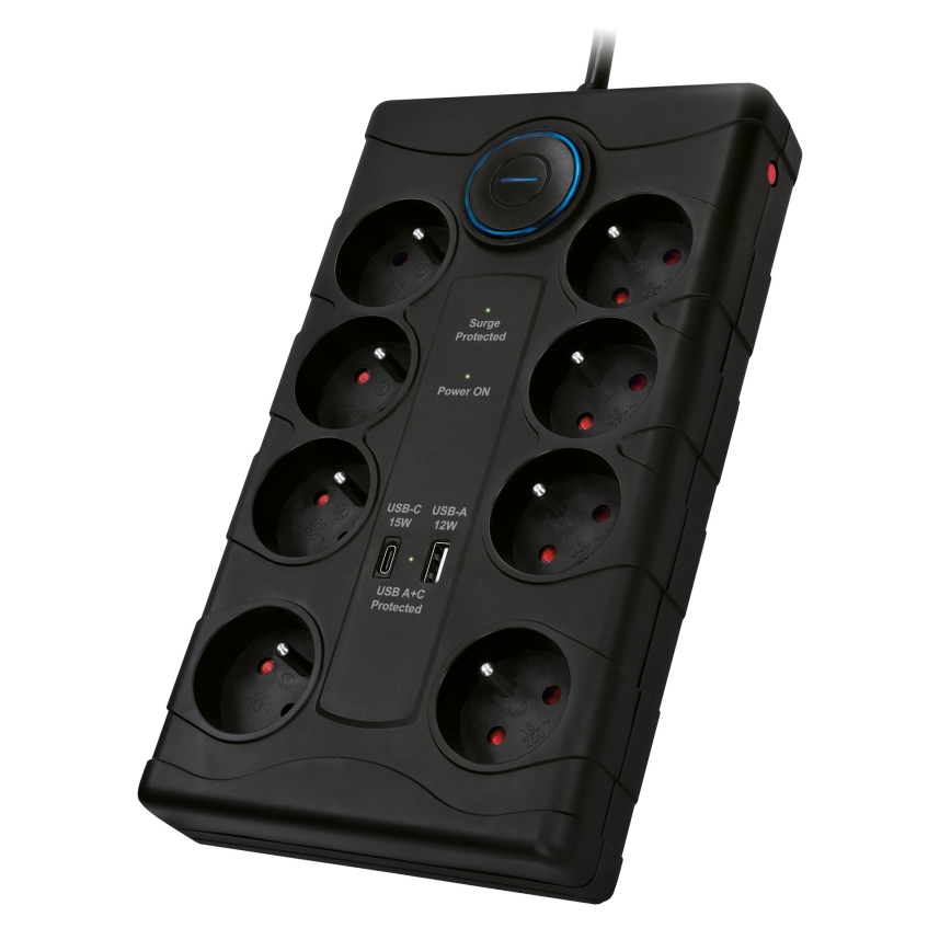 Hosszabbító kábel kapcsolóval és túlfeszültség-védelemmel 8 aljzat, E típus + 1xUSB-A + 1xUSB-C, 2m, fekete