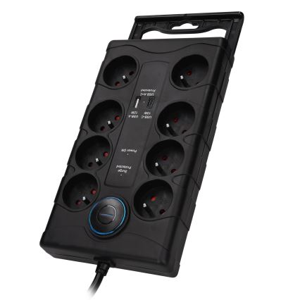 Hosszabbító kábel kapcsolóval és túlfeszültség-védelemmel 8 aljzat, E típus + 1xUSB-A + 1xUSB-C, 2m, fekete