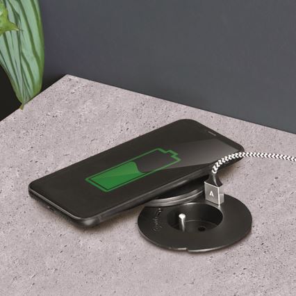 Beépíthető konnektor 10W vezeték nélküli töltéssel, 1 aljzat + USB A+C, fekete
