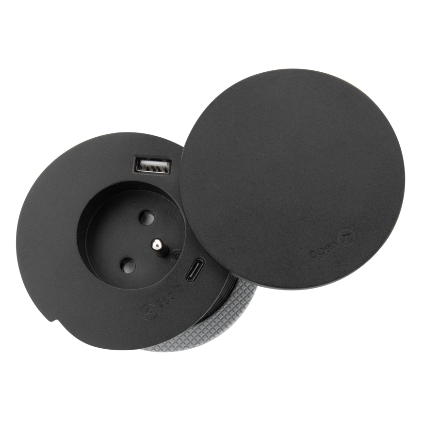 Beépíthető konnektor 10W vezeték nélküli töltéssel, 1 aljzat + USB A+C, fekete